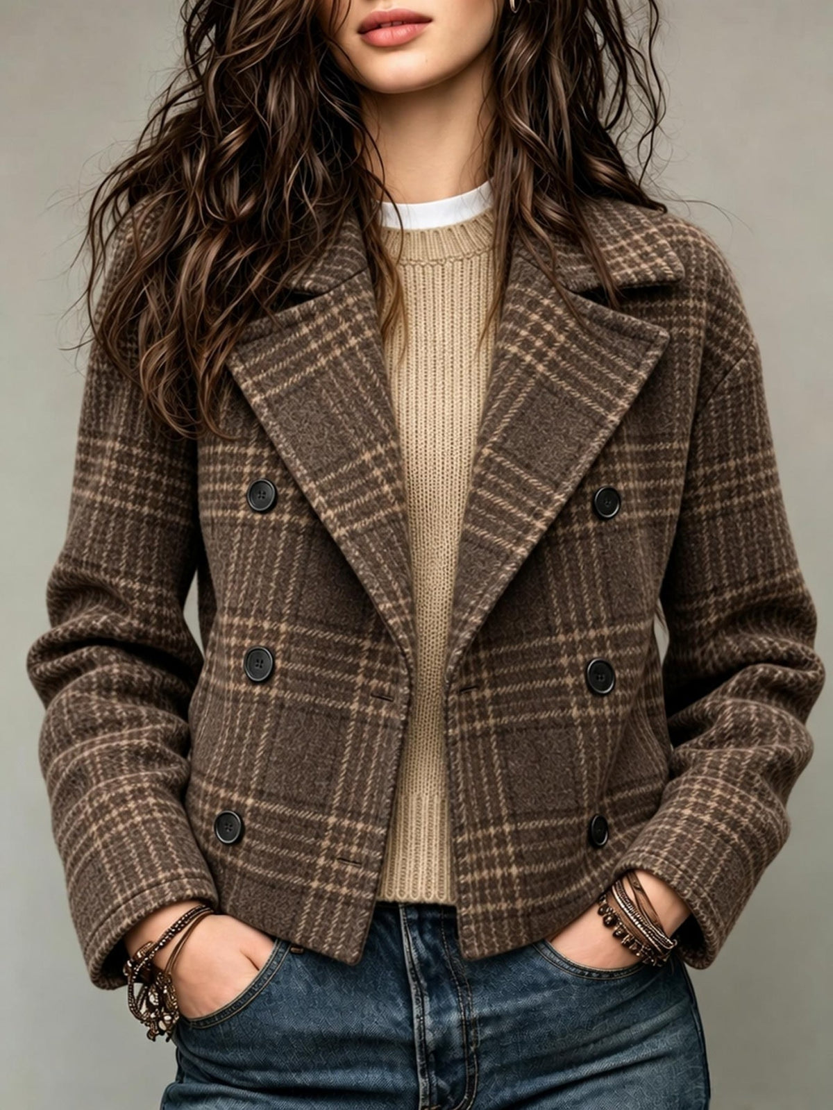 Cropped check blazer for women in brown with double-breasted buttons - view 2