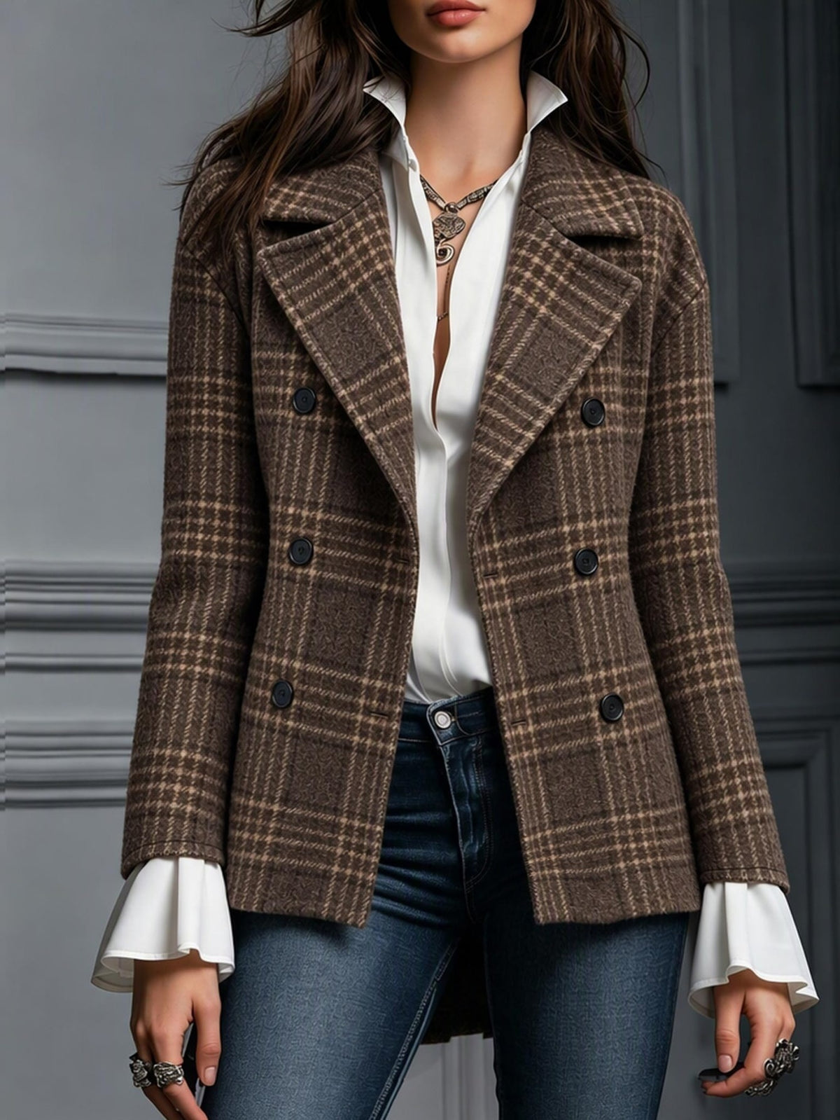 Cropped check blazer for women in brown with double-breasted buttons - view 4