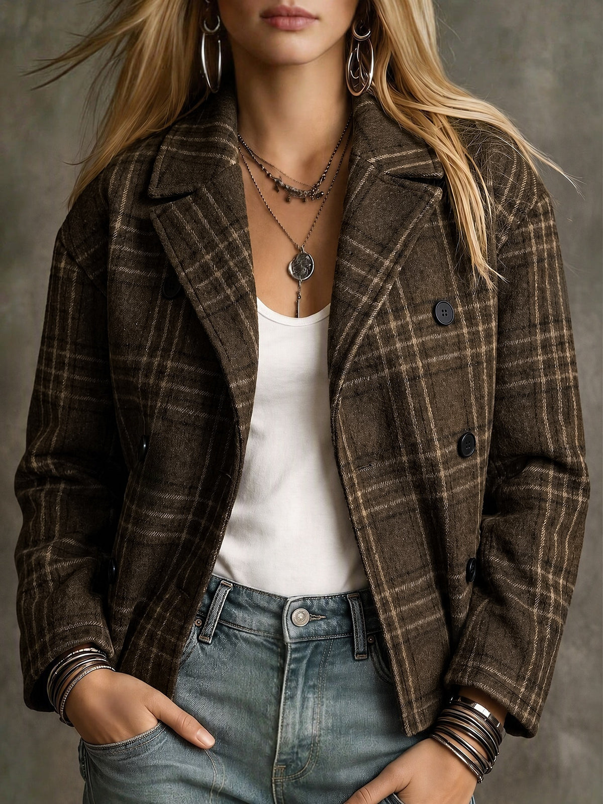 Cropped check blazer for women in brown with double-breasted buttons - view 5