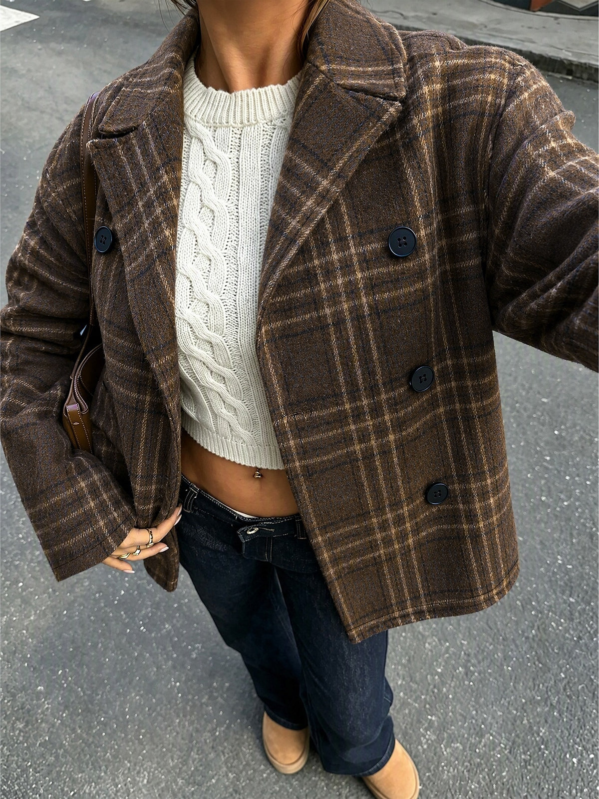 Cropped check blazer for women in brown with double-breasted buttons - view 6