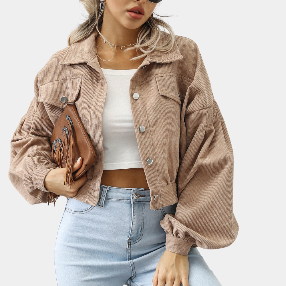 Women's cropped corduroy jacket with balloon sleeves and flap chest pockets - camel