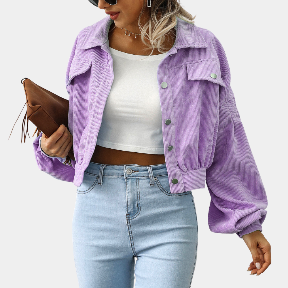 Women's cropped corduroy jacket with balloon sleeves and flap chest pockets - lilac