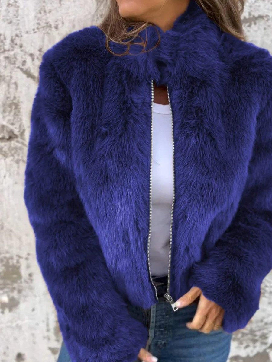 Women's cropped faux fur jacket with a stand collar and gold-tone zip - blue