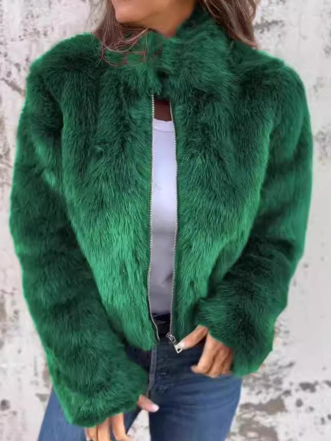 Women's cropped faux fur jacket with a stand collar and gold-tone zip - green