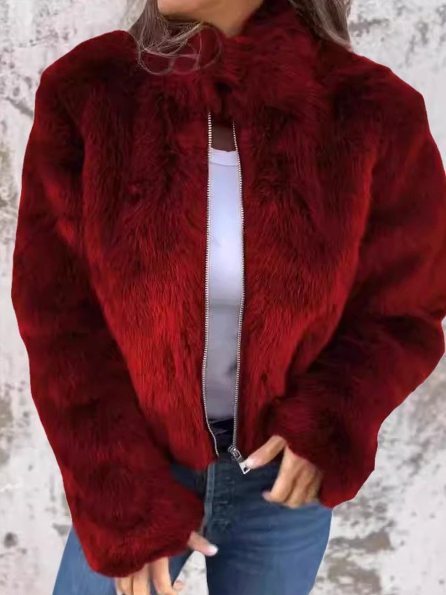 Women's cropped faux fur jacket with a stand collar and gold-tone zip - red