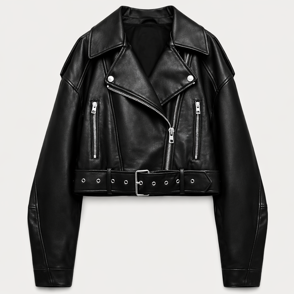 Women's cropped faux leather biker jacket with an off-centre zip and buckle belt - black