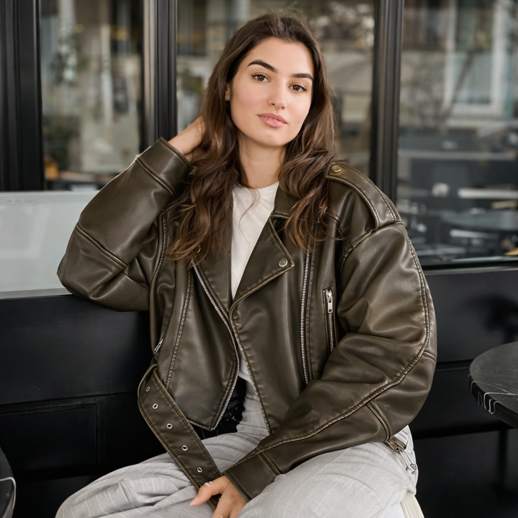Women's cropped faux leather biker jacket with an off-centre zip and buckle belt