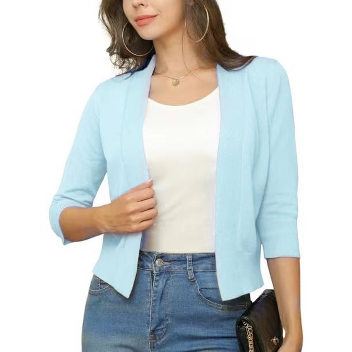 Women's cropped open front cardigan in a fine knit with three-quarter sleeves - light blue