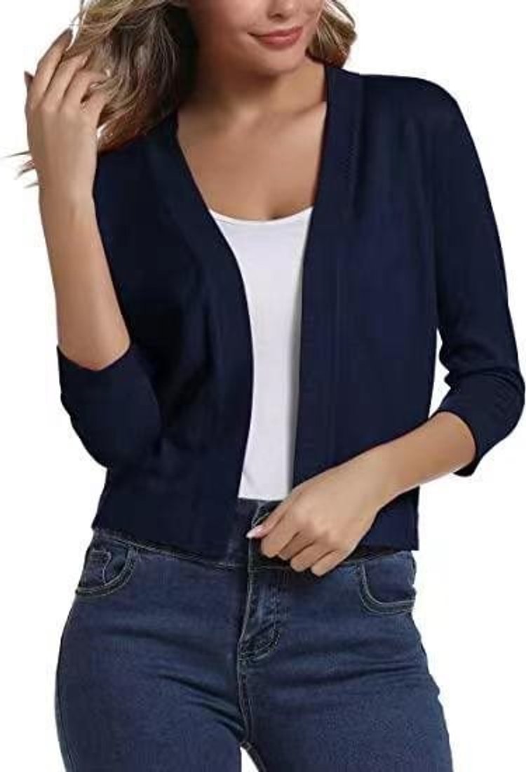 Women's cropped open front cardigan in a fine knit with three-quarter sleeves - navy