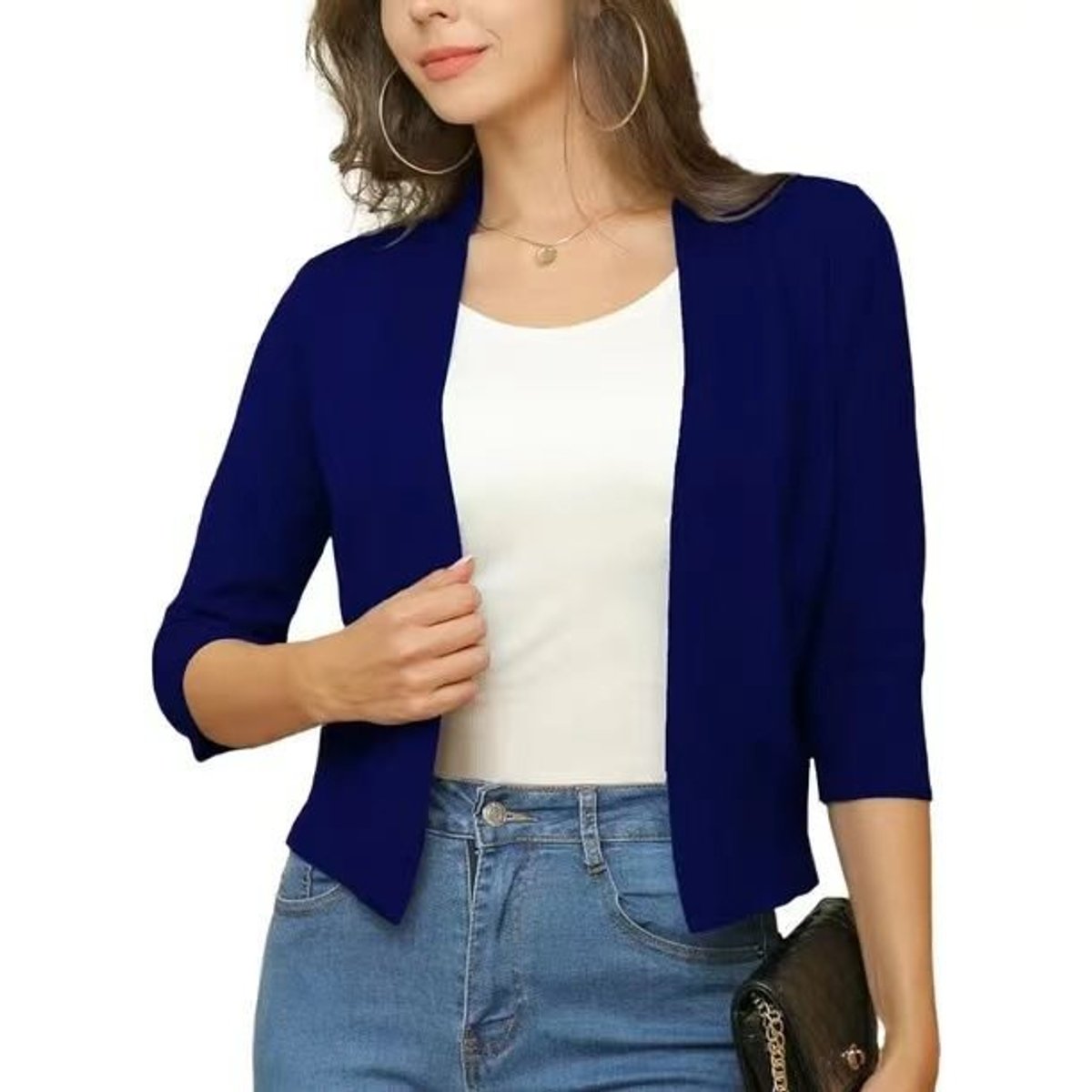 Women's cropped open front cardigan in a fine knit with three-quarter sleeves - royal blue