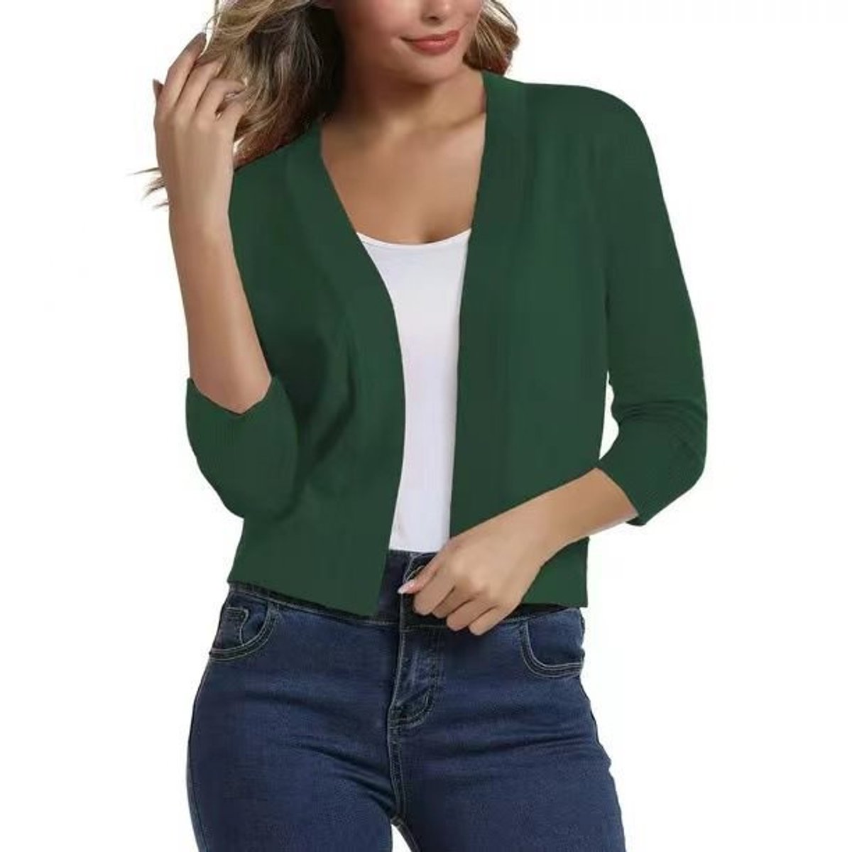 Women's cropped open front cardigan in a fine knit with three-quarter sleeves - dark green