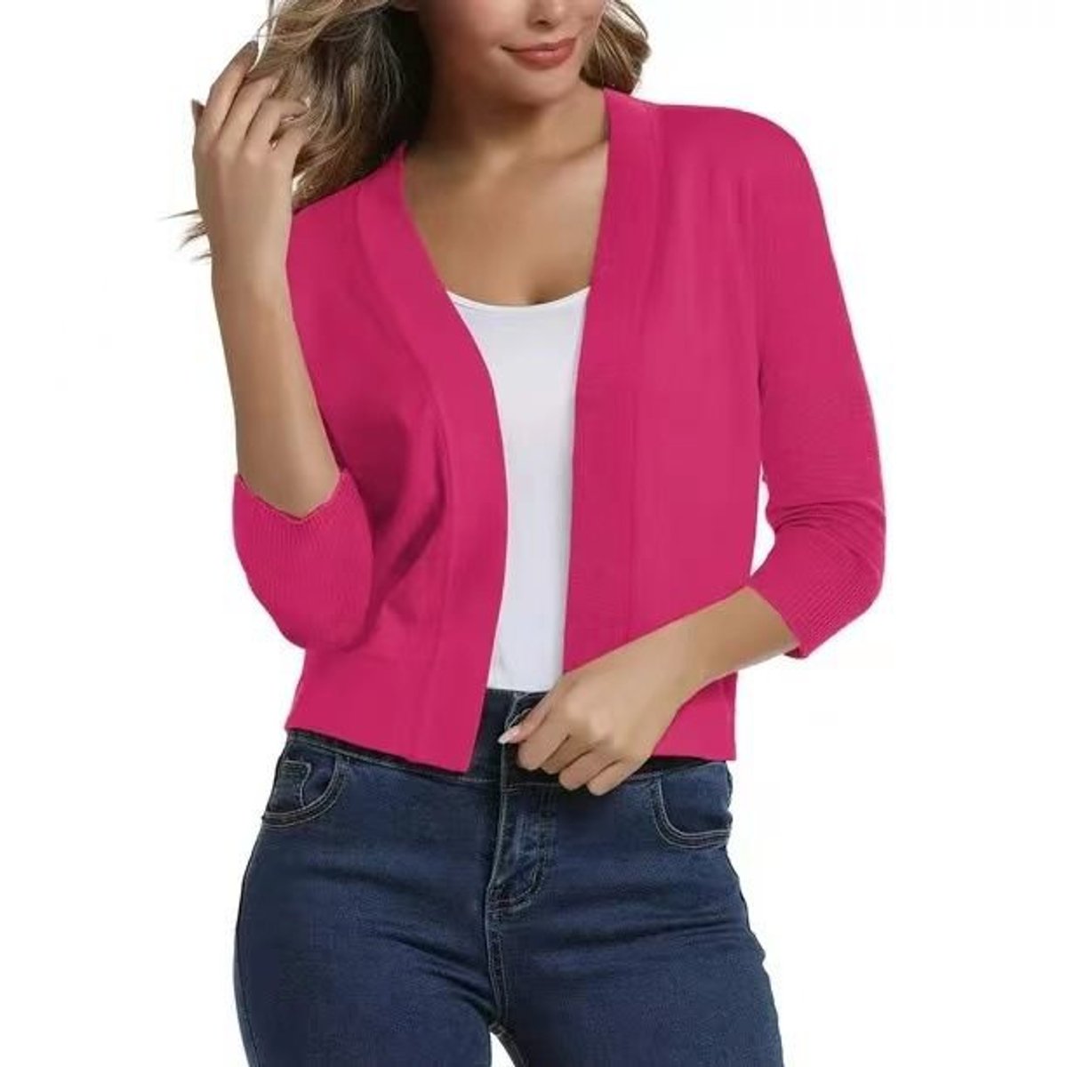 Women's cropped open front cardigan in a fine knit with three-quarter sleeves - fuchsia