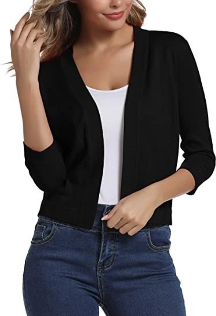 Women's cropped open front cardigan in a fine knit with three-quarter sleeves - black
