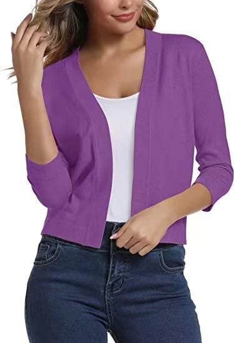 Women's cropped open front cardigan in a fine knit with three-quarter sleeves - purple