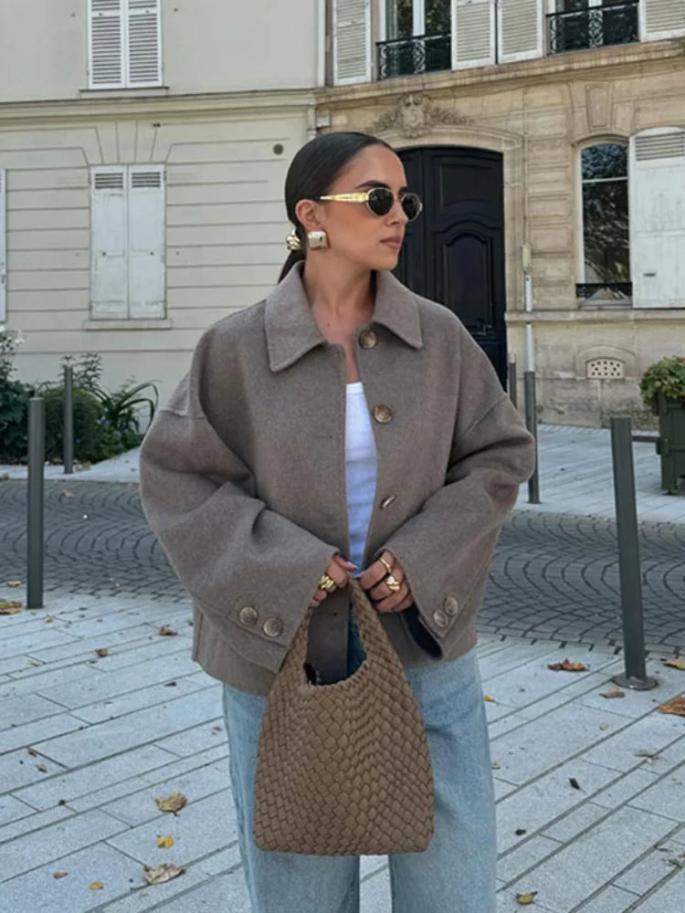 Women's cropped oversized jacket in wool look with a shirt collar and wide sleeves - taupe