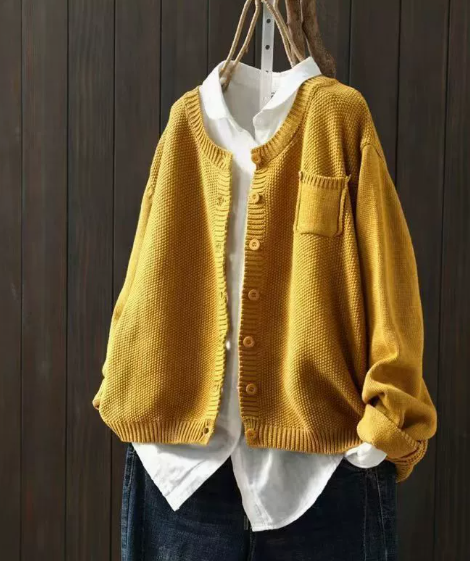 Women's cropped textured knit cardigan with a crew neck and chest pocket - mustard