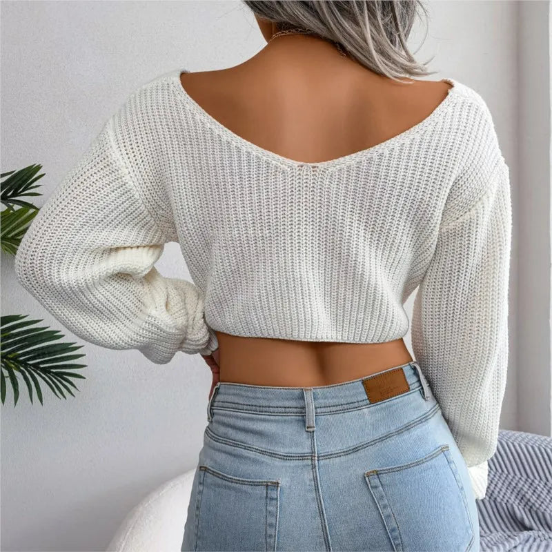 Women's cropped twist-front jumper in chunky rib knit