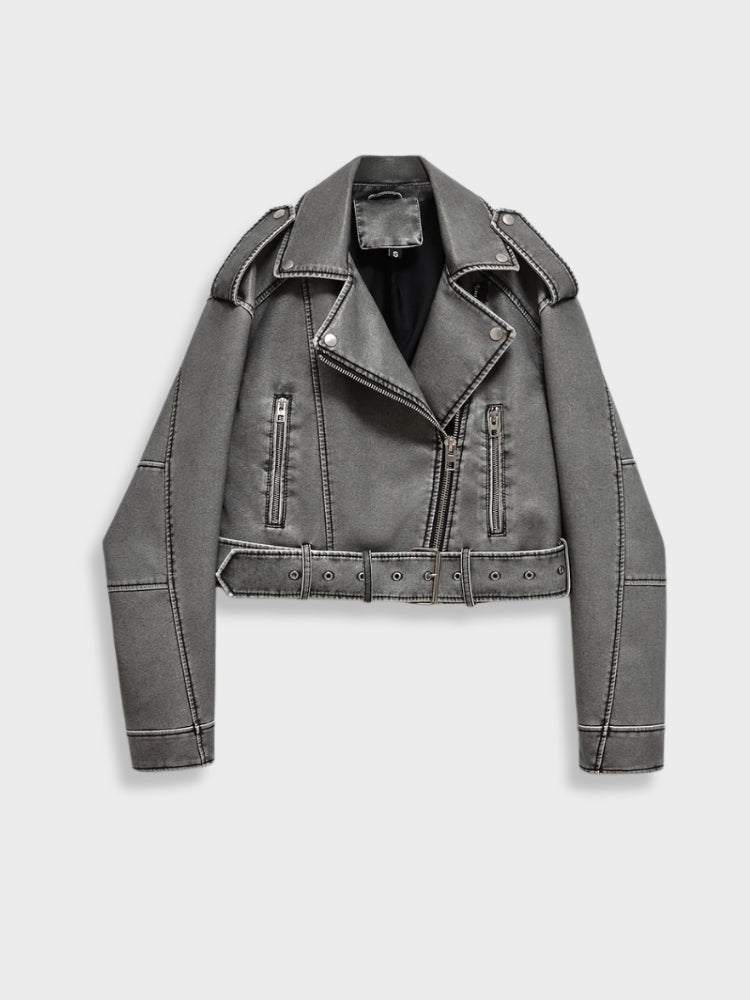 Women's cropped biker jacket in washed faux leather with an asymmetric zip and belt - washed grey