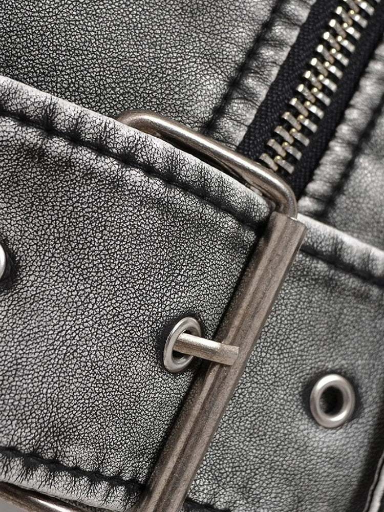 Women's cropped biker jacket in washed faux leather with an asymmetric zip and belt