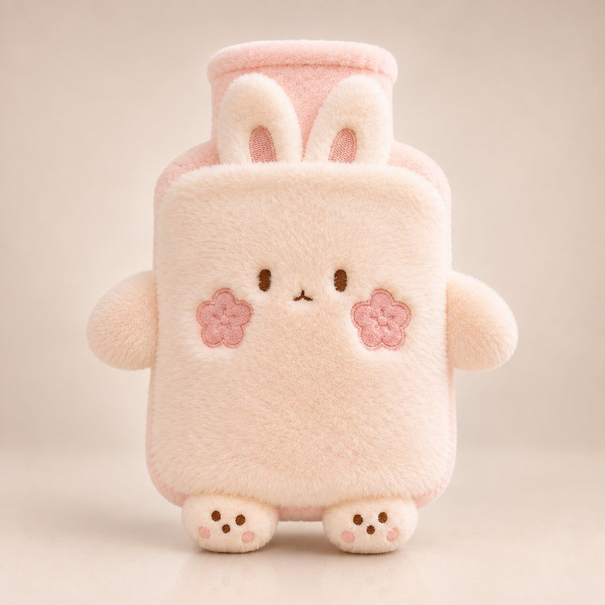 Hot water bottle with a cuddly animal cover with little arms and feet - pink bunny