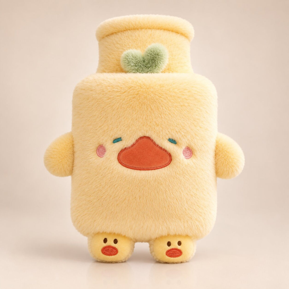 Hot water bottle with a cuddly animal cover with little arms and feet - yellow duck