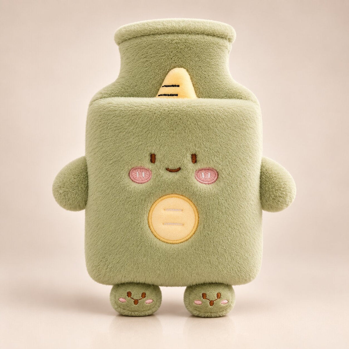 Hot water bottle with a cuddly animal cover with little arms and feet - green monster