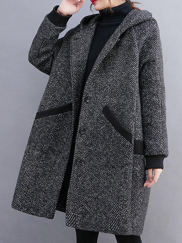 Grey herringbone hooded coat with ribbed cuffs and contrast pocket trims