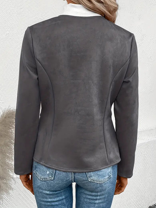 Collarless suede-look jacket with a zip front and welt pockets