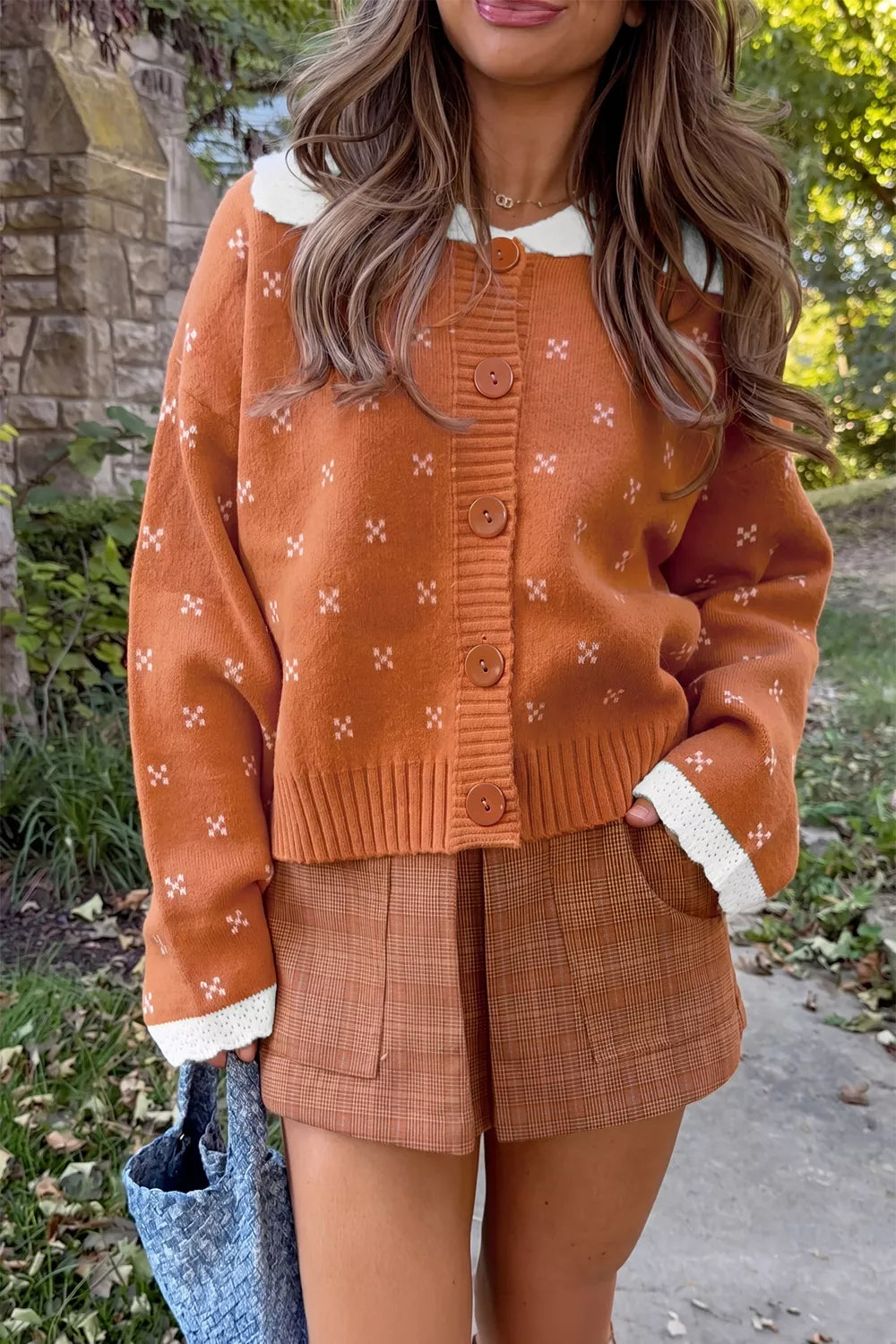 Women's peter pan collar terracotta cardigan - detail