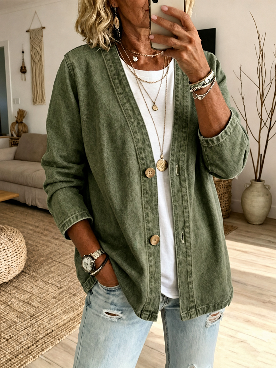 Collarless denim jacket with a button front and dropped shoulder in army green