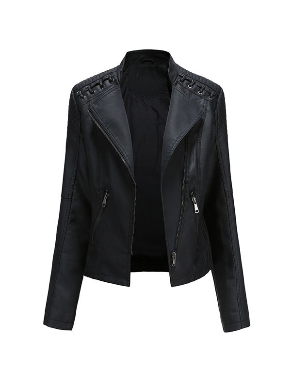 Faux leather biker jacket with lacing across the shoulders in black
