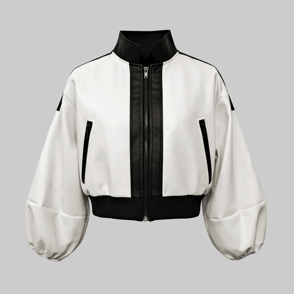 Cropped cream bomber jacket with black contrast panels and a zip front