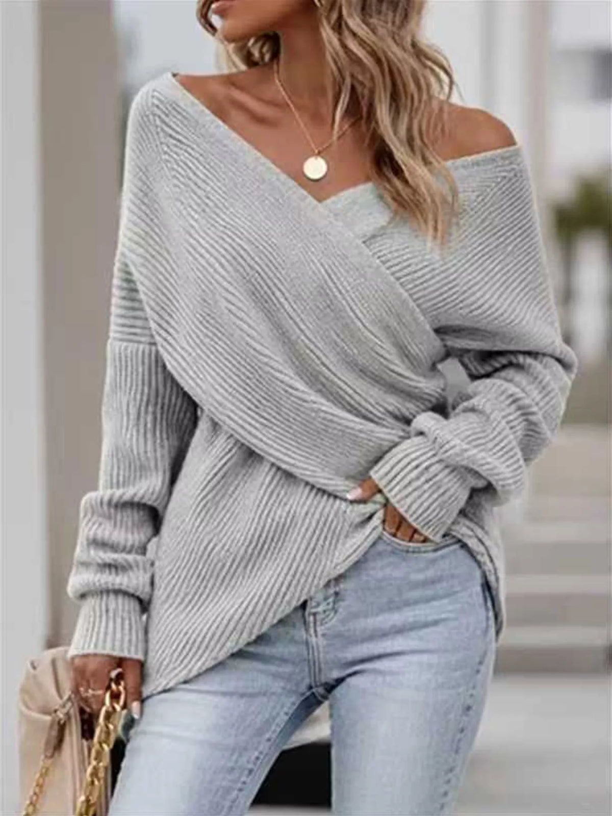 Women's crossover front ribbed jumper in Grey