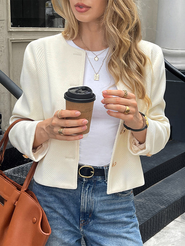 Cream collarless jacket with a round neck and gold-tone buttons