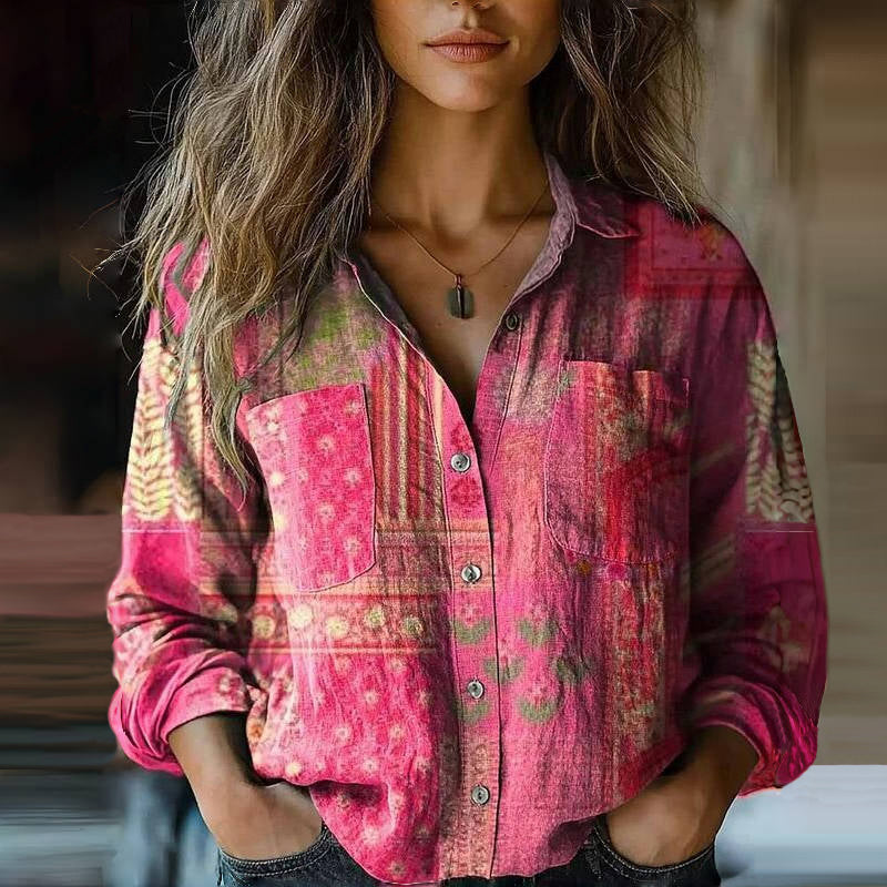 Women's Top - Bohemian Pattern Vintage Blouse in Blue