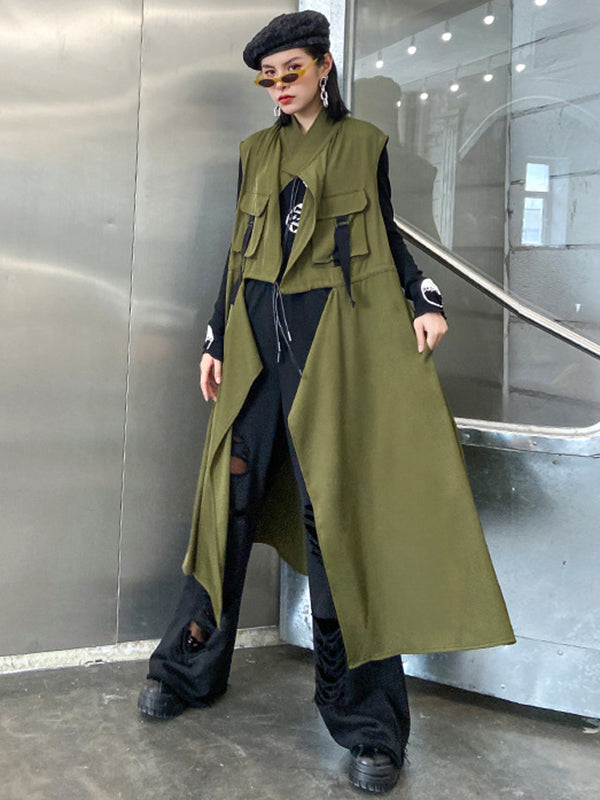 Long sleeveless gilet with a drawstring waist and an open front