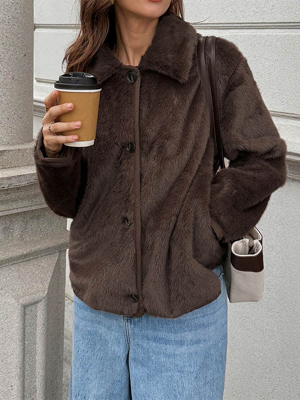Short chocolate brown faux fur jacket with a flat collar and button front