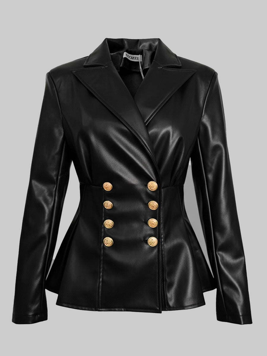 Fitted black faux leather blazer with a peak lapel and gold-tone buttons in black