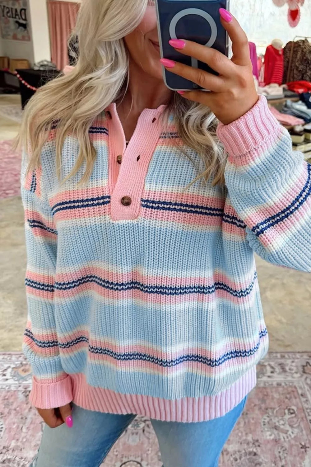 Women's striped button collar jumper - detail