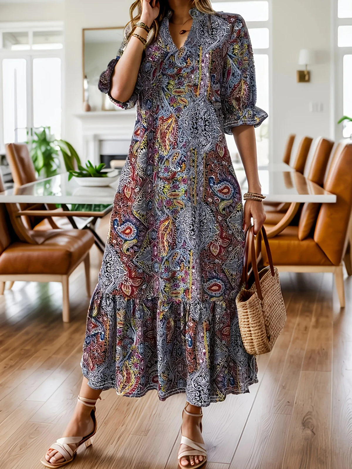 Women's paisley print midi dress in Red