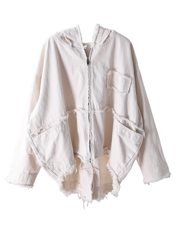 Oversized hooded jacket in washed cotton with frayed seams in beige