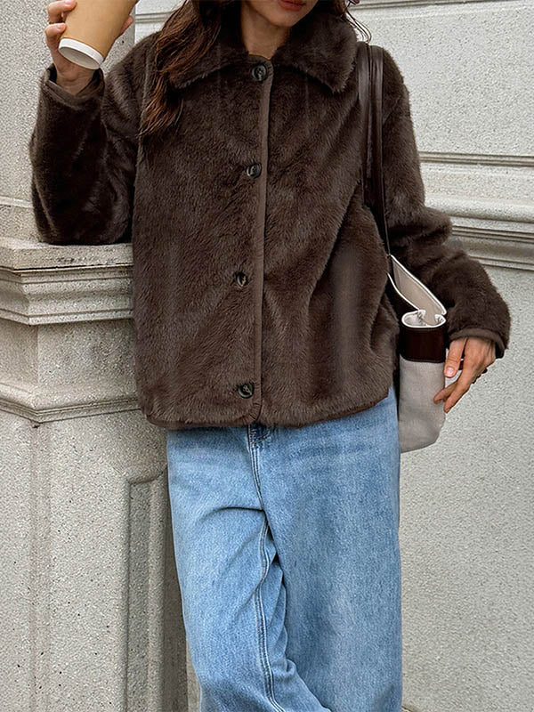 Short chocolate brown faux fur jacket with a flat collar and button front
