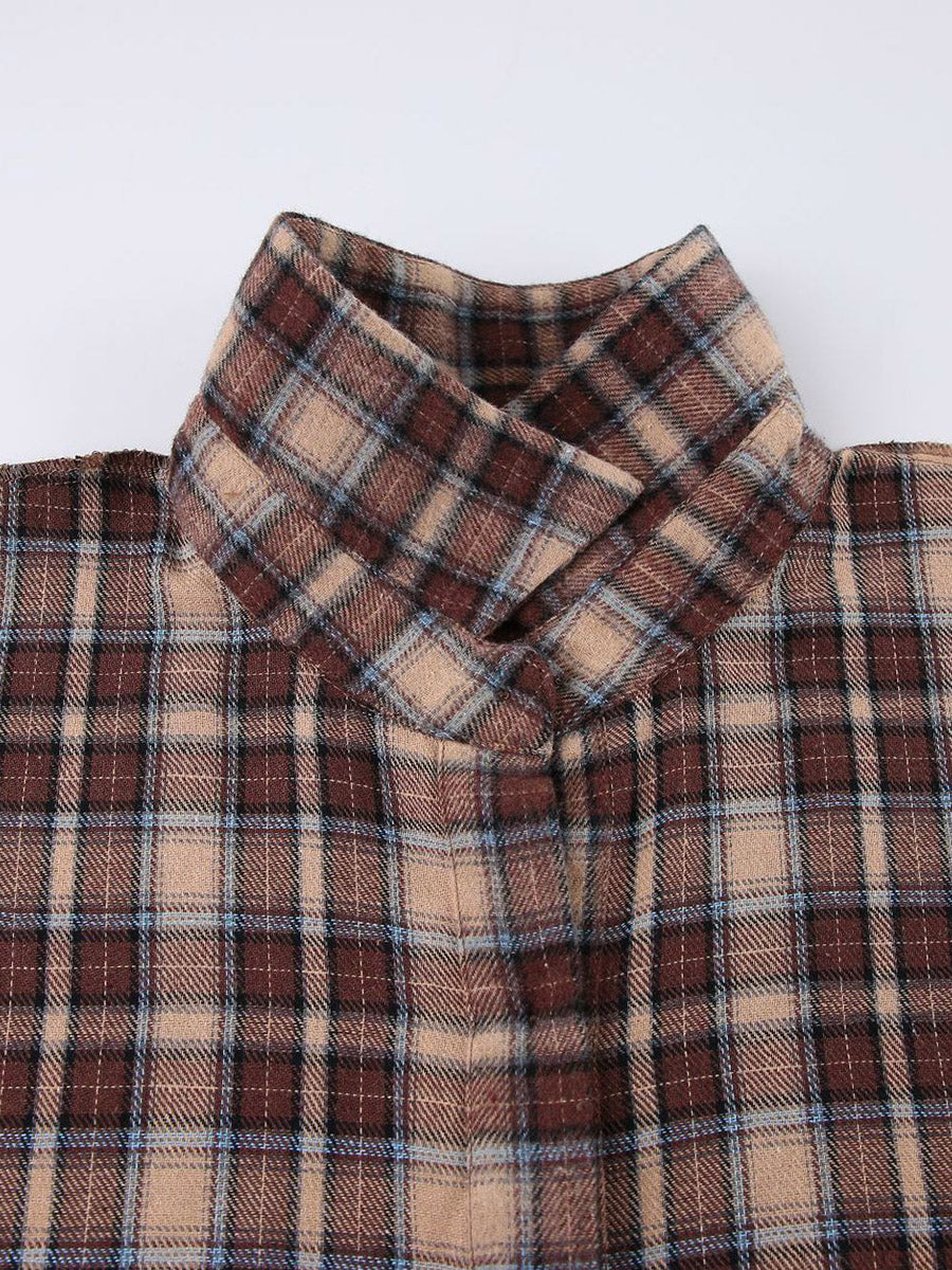 Oversized brown check shacket with a contrast collar and chest pockets
