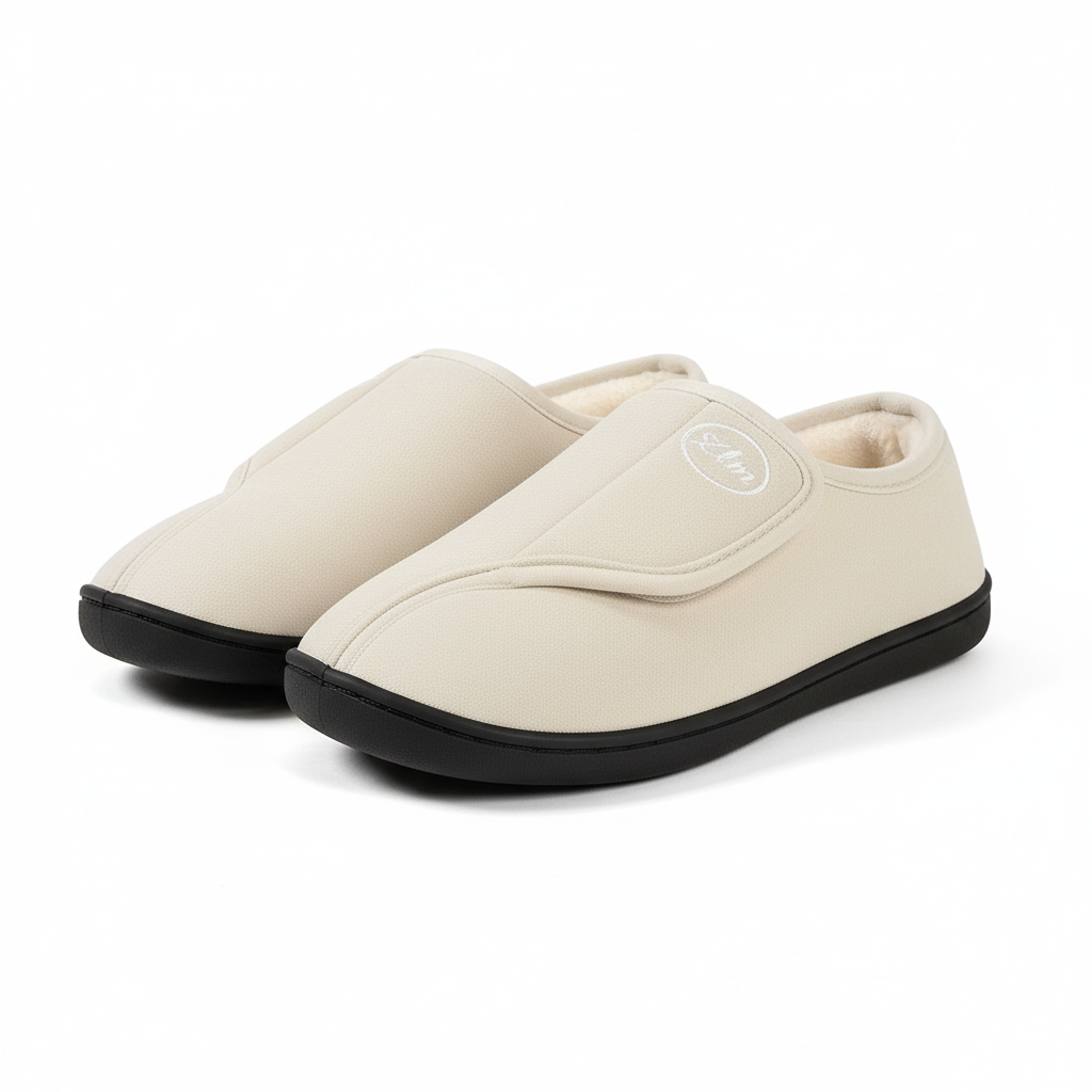 Unisex wide-fit slippers in a suede look with a touch-close strap and fleece lining in cream