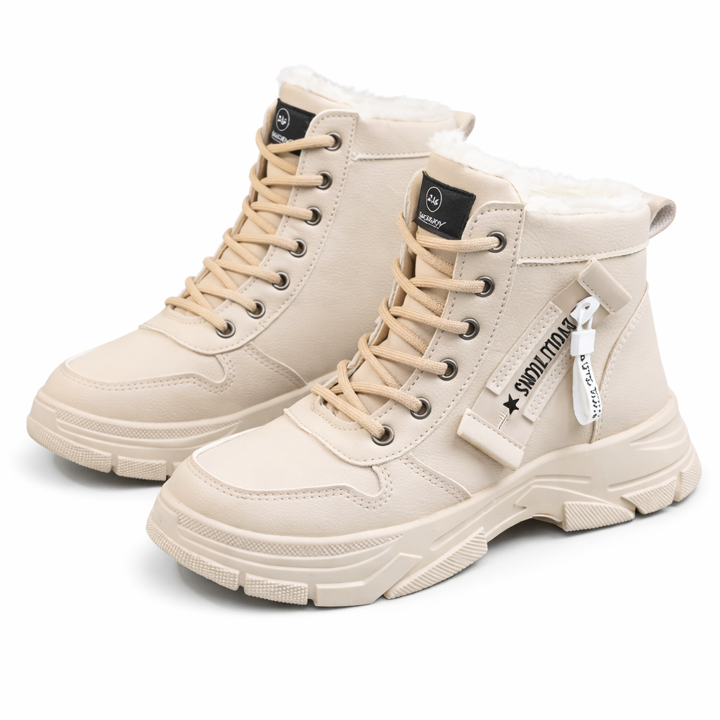 Chunky lace-up ankle boots with a faux fur lining and a platform sole in beige