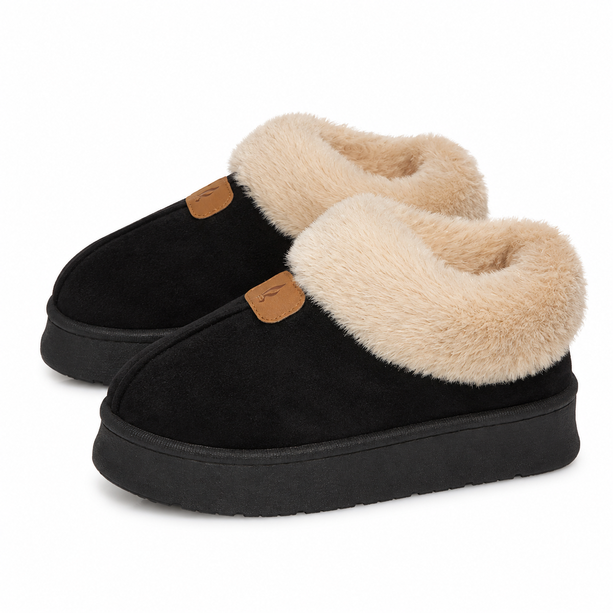 Women's platform slippers in a suede look with a fold-out faux fur collar in black
