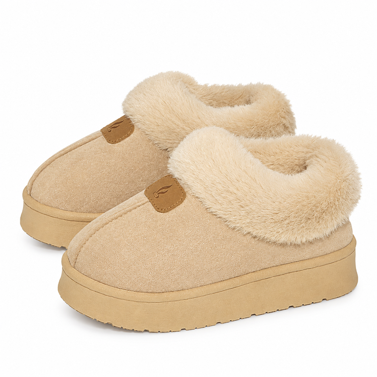 Women's platform slippers in a suede look with a fold-out faux fur collar in sand