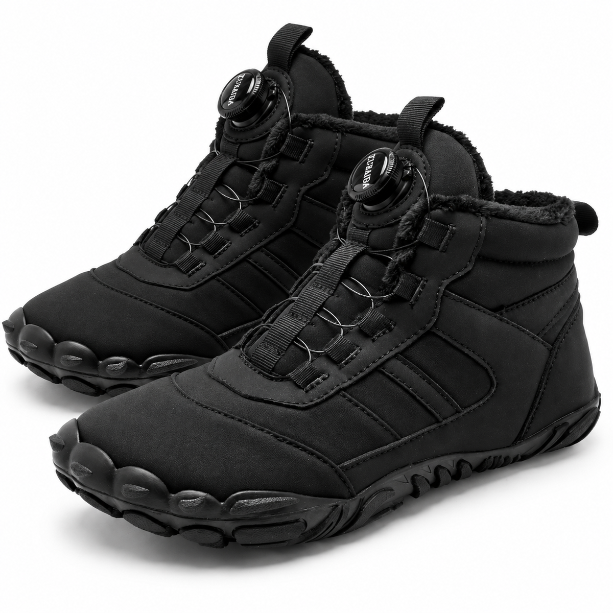 Unisex barefoot snow boots with a dial closure and a wide toe box in black