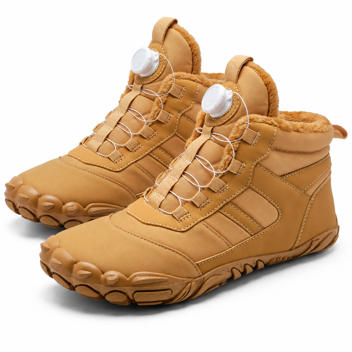 Unisex barefoot snow boots with a dial closure and a wide toe box in camel