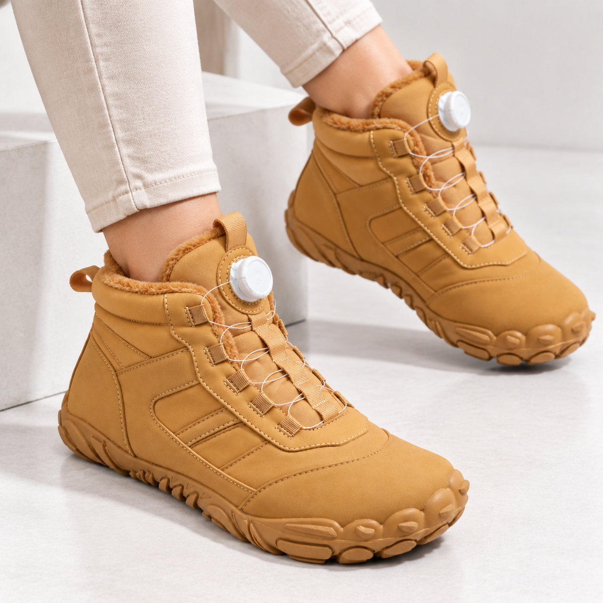 Unisex barefoot snow boots with a dial closure and a wide toe box